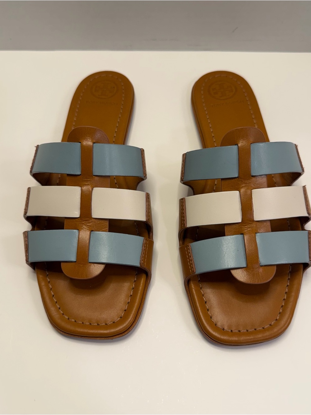 Tory Burch Multi Strap Slide Sandals Leather Blue White Brown Size 7 - Picture 7 of 13